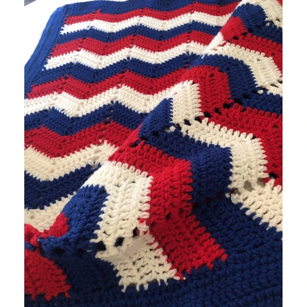 Granny Blanket Crochet Red White Blue Patriotic Americana Handmade Throw 32 X38